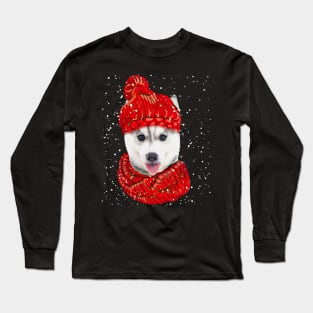 Husky Wearing Red Hat And Scarf In Snow Christmas Long Sleeve T-Shirt